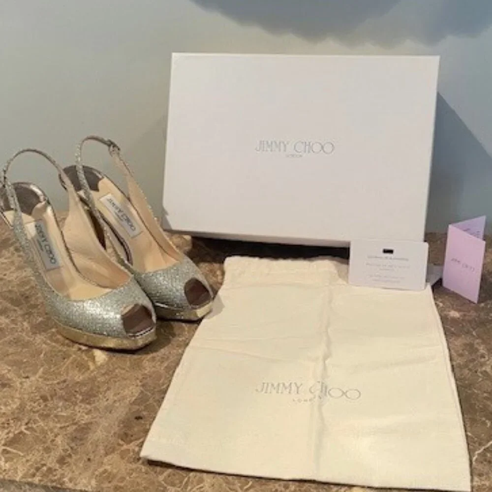 Jimmy Choo CLUE Champagne Platform PeepToe Slingback Heels – Sz 7.5